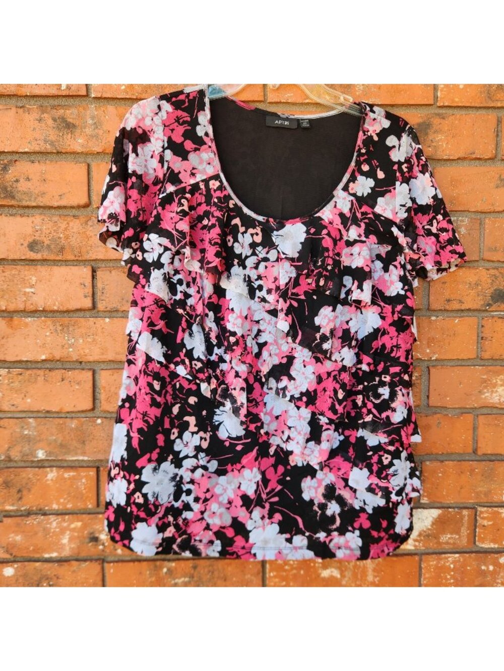 APT. 9 Women's Ruffle Floral Print Top Black Pink White Nylon Scoop Neck